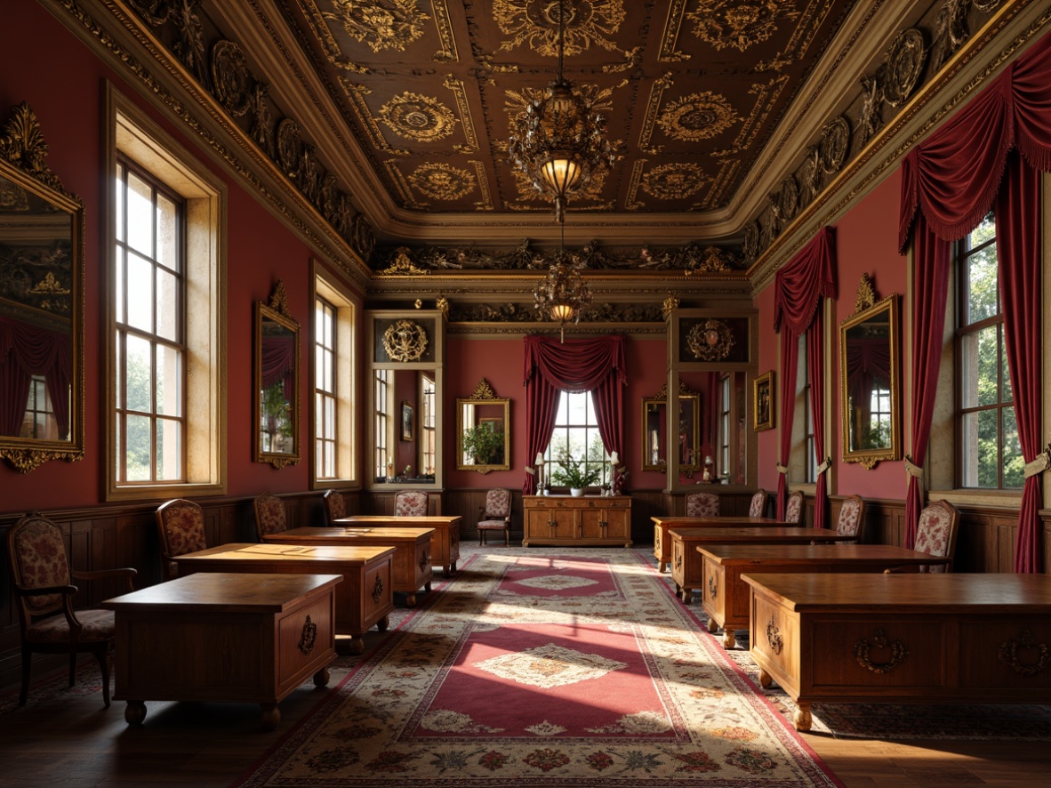 Prompt: Ornate classrooms, rich wood tones, carved furnishings, gilded accents, velvety upholstery, grand chandeliers, intricate moldings, luxurious fabrics, regal color palette, ornamental mirrors, curved lines, sculpted details, majestic atmosphere, soft warm lighting, shallow depth of field, 1/1 composition, realistic textures, ambient occlusion.