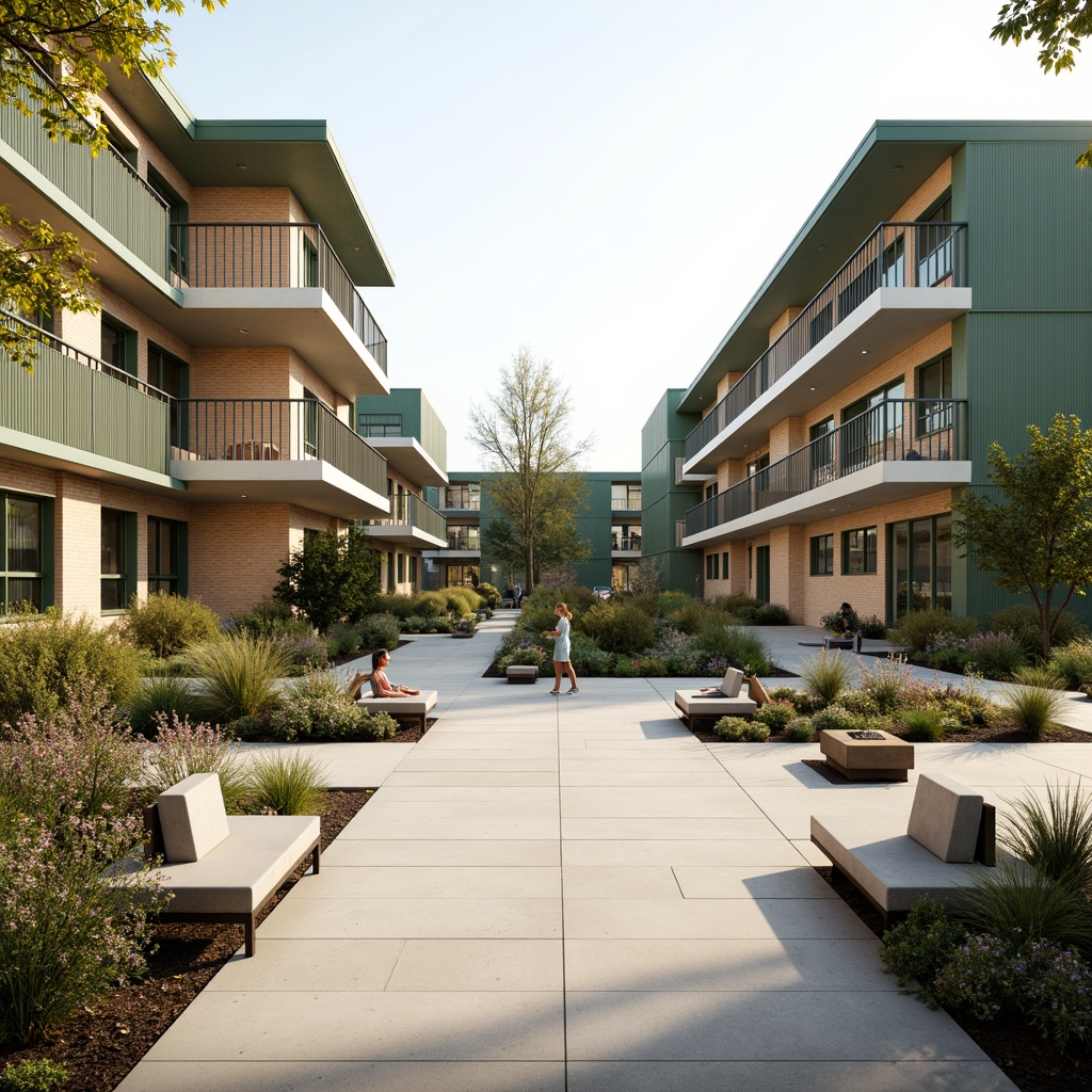 Prompt: Spacious university campus, minimalist architecture, clean lines, simple shapes, natural stone walls, wooden accents, green roofs, open courtyards, ample walkways, modern benches, subtle landscaping, blooming flowers, soft warm lighting, shallow depth of field, 3/4 composition, panoramic view, realistic textures, ambient occlusion.