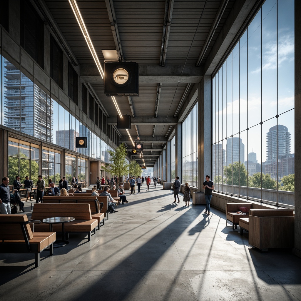 Prompt: Streamlined train station interior, modernist architecture, sleek metal beams, polished concrete floors, minimalist decor, functional lighting fixtures, curved lines, industrial-chic aesthetic, vintage-inspired luggage racks, wooden benches, urban feel, busy atmosphere, natural light pouring in through large windows, panoramic views of cityscape, subtle color palette, neutral tones, stainless steel accents, geometric patterns on walls and floors, futuristic ambiance, dynamic energy, shallow depth of field, 3/4 composition, realistic textures, ambient occlusion.