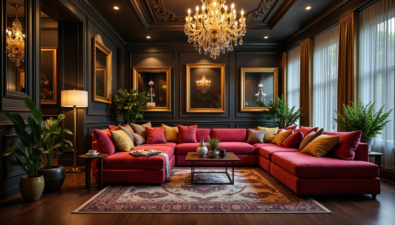 Prompt: Elegant living room, luxurious velvet sofas, ornate gold frames, lavish crystal chandeliers, rich wood flooring, plush area rugs, vibrant colorful throw pillows, decorative vases, exotic plants, stylish coffee tables, ambient dim lighting, shallow depth of field, 1/1 composition, realistic textures, warm cozy atmosphere.