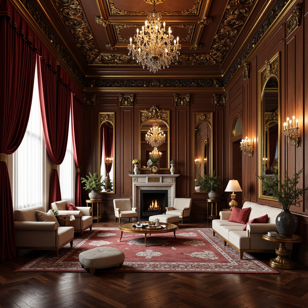 Prompt: Richly ornate Baroque interior, lavish furnishings, intricate wooden carvings, gilded accents, velvety soft drapes, luxurious silk fabrics, embroidered upholstery, tufted ottomans, patterned rugs, golden lighting fixtures, crystal chandeliers, marble floors, ornamental mirrors, subtle sheen, low-key backlighting, warm color palette, 1/2 composition, realistic textures, detailed normal maps.