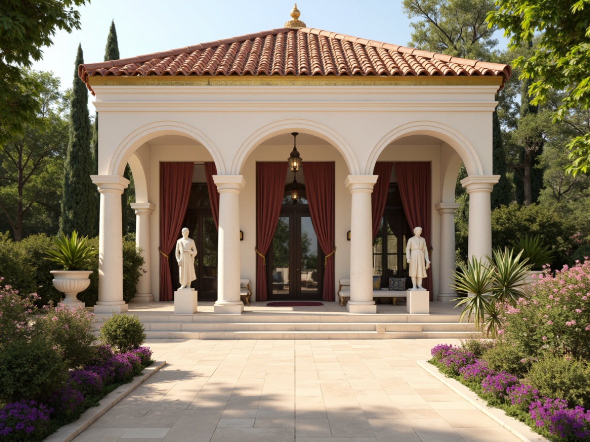 Prompt: Elegant pavilion, soft cream columns, ornate golden accents, rich terracotta roof tiles, lush greenery surroundings, vibrant flower arrangements, warm beige stone flooring, subtle burgundy drapes, creamy white marble statues, classic Greek-inspired architecture, symmetrical facade design, grand entrance archways, soft natural light filtering, 1/1 composition, serene atmosphere, realistic textures, ambient occlusion.