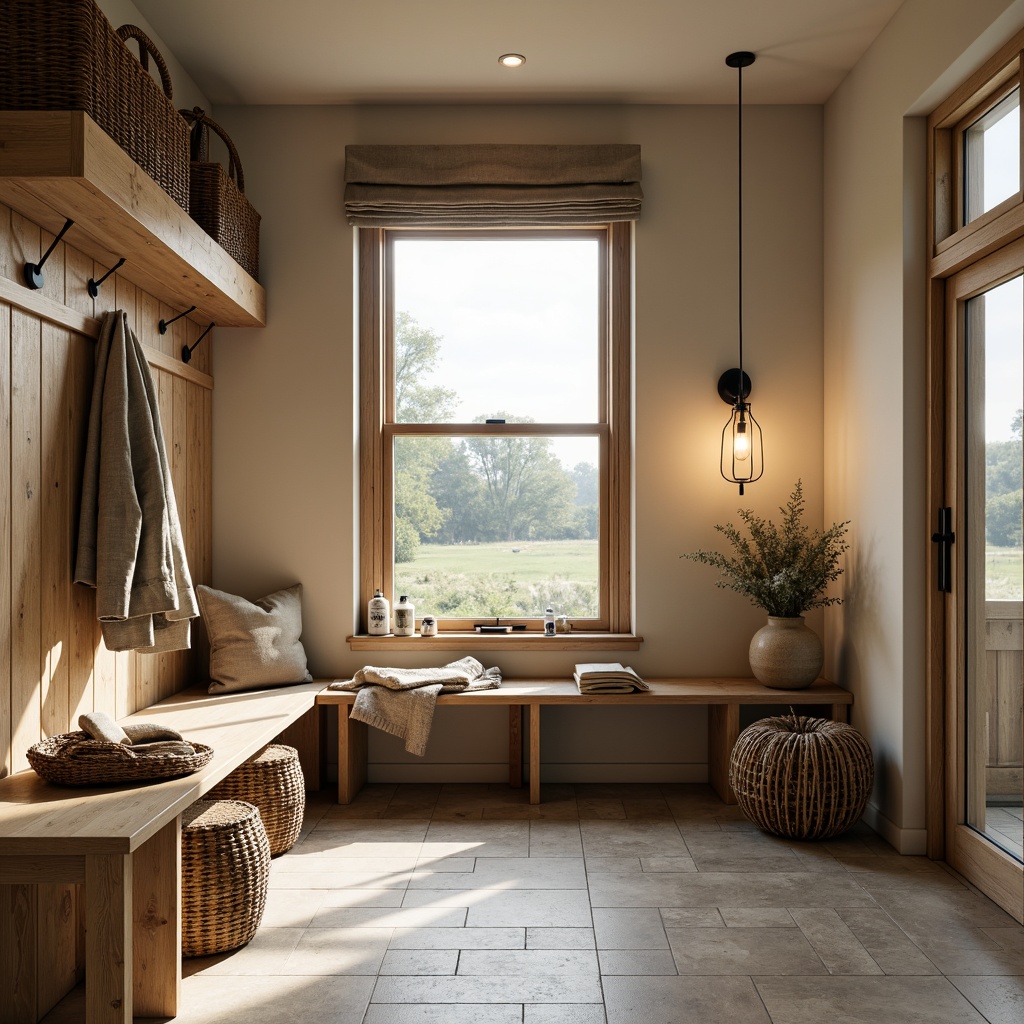 Prompt: Cozy mudroom, natural stone flooring, wooden bench, woven baskets, rustic metal hooks, earthy color palette, soft warm lighting, table lamps, pendant lights, LED strip lights, under-cabinet lighting, glass jar lanterns, woven fiber shades, linen curtains, minimalist decor, functional storage units, modern farmhouse style, rural landscape views, sunny day, shallow depth of field, 3/4 composition, realistic textures, ambient occlusion.