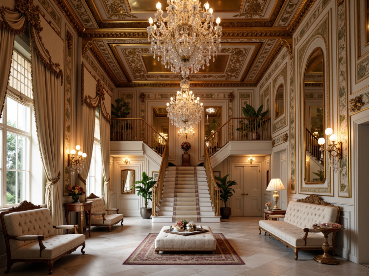 Prompt: Luxurious palace interior, ornate gold furnishings, intricately carved wooden panels, lavish velvet drapes, richly patterned silk fabrics, delicate lace trimmings, soft pastel color palette, opulent crystal chandeliers, refined Baroque architecture, grand staircase, ornamental mirrors, sumptuous upholstery, tufted ottomans, indulgent marble floors, warm candlelight, shallow depth of field, 1/1 composition, detailed textures, realistic reflections.