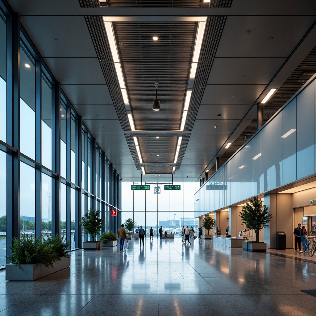 Prompt: Airport terminal, modern architecture, high ceilings, large windows, natural light, LED lighting systems, energy-efficient luminaires, minimalist design, sleek metal fixtures, frosted glass diffusers, indirect ambient lighting, task-oriented lighting, safety-focused illumination, emergency exit signs, backlit wayfinding signage, dimmable fluorescent lights, recessed downlights, suspended linear fixtures, warm color temperature, high-bay industrial lighting, airport-themed decorative elements.