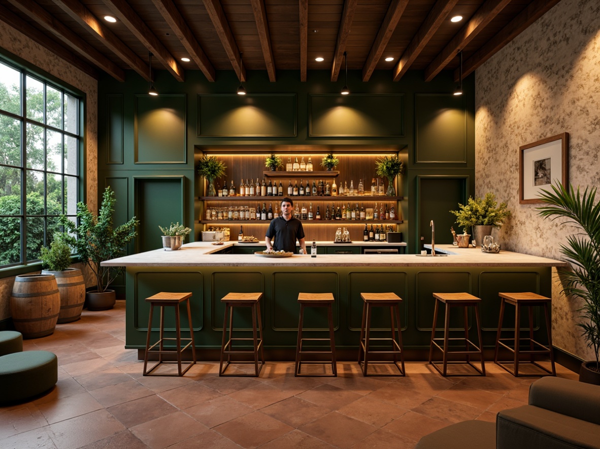 Prompt: Cozy bar atmosphere, olive green walls, warm wood accents, sleek metal stools, elegant marble countertops, pendant lighting fixtures, rustic wooden shelves, vintage wine barrels, earthy terracotta flooring, lush greenery, natural stone walls, modern minimalist decor, soft ambient lighting, shallow depth of field, 3/4 composition, realistic textures, ambient occlusion.