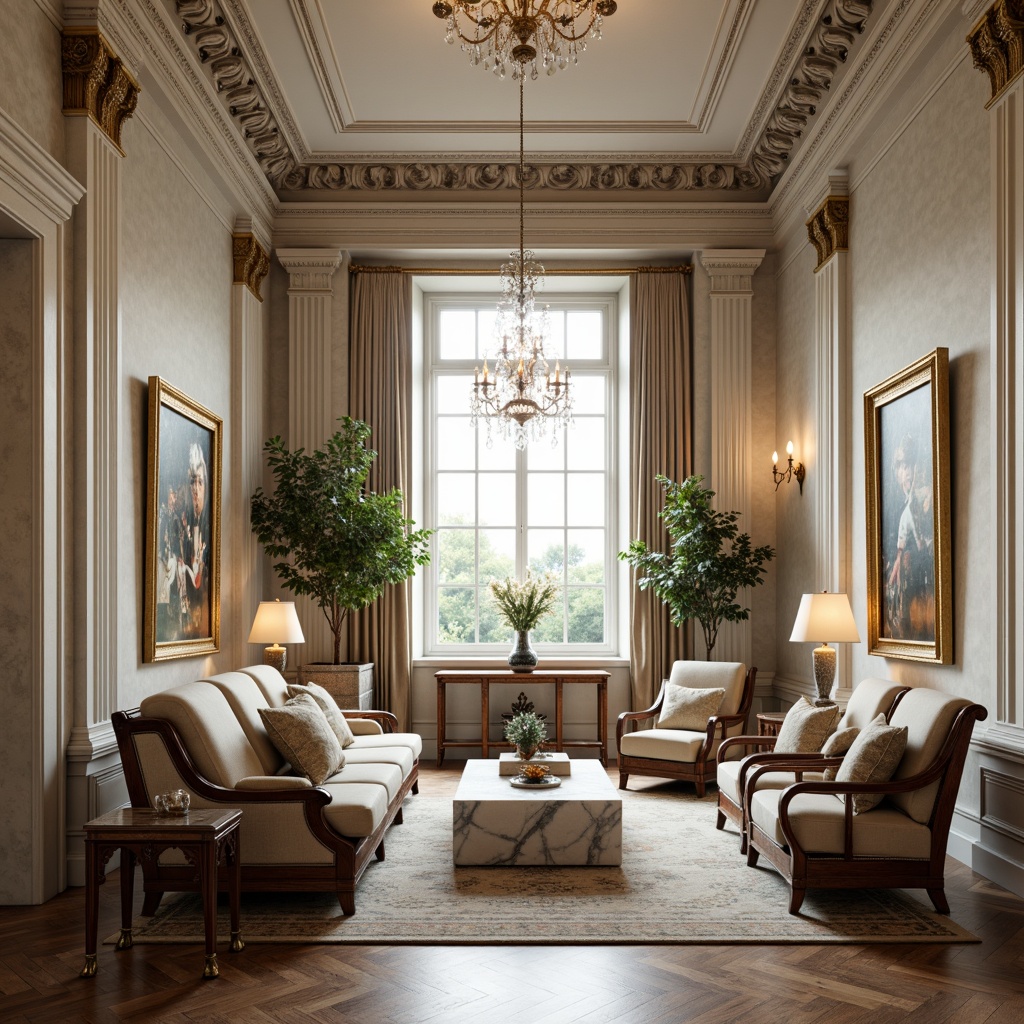 Prompt: Elegant neoclassical interior, ornate furnishings, carved wooden chairs, velvet sofas, gilded frames, marble coffee tables, crystal chandeliers, intricate moldings, high ceilings, large windows, soft natural light, neutral color palette, subtle textures, refined decorations, luxurious fabrics, classic proportions, symmetrical compositions, 1/1 aspect ratio, subtle warm lighting, realistic reflections, ambient occlusion.