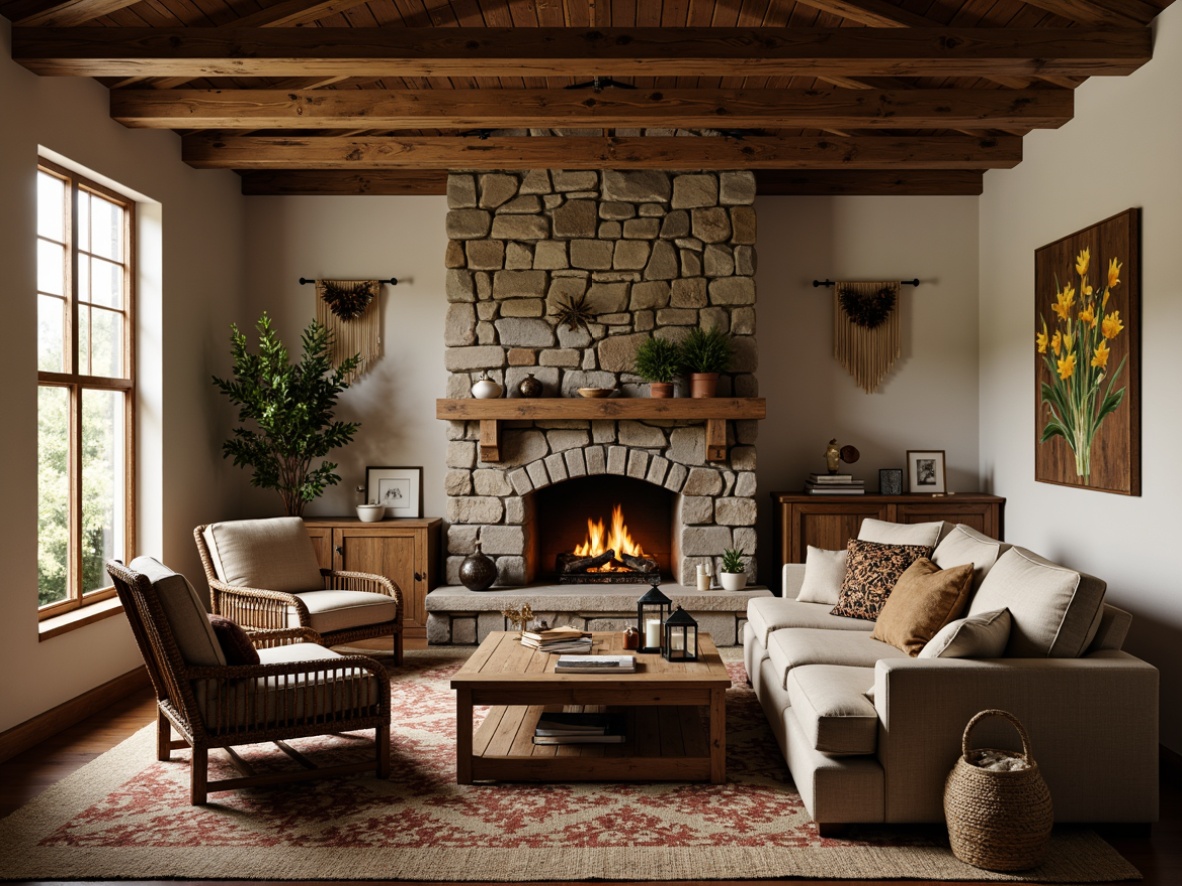 Prompt: Cozy family room, rustic wooden beams, stone fireplace, plush sectional sofa, vintage armchairs, woven baskets, natural fiber rugs, earthy tone colors, distressed wood coffee table, metal lanterns, candlelight ambiance, soft warm lighting, shallow depth of field, 2/3 composition, intimate atmosphere, nature-inspired decorative accents, pinecone ornaments, antler decorations, woven wall hangings, macrame plant holders, reclaimed wood shelving units.