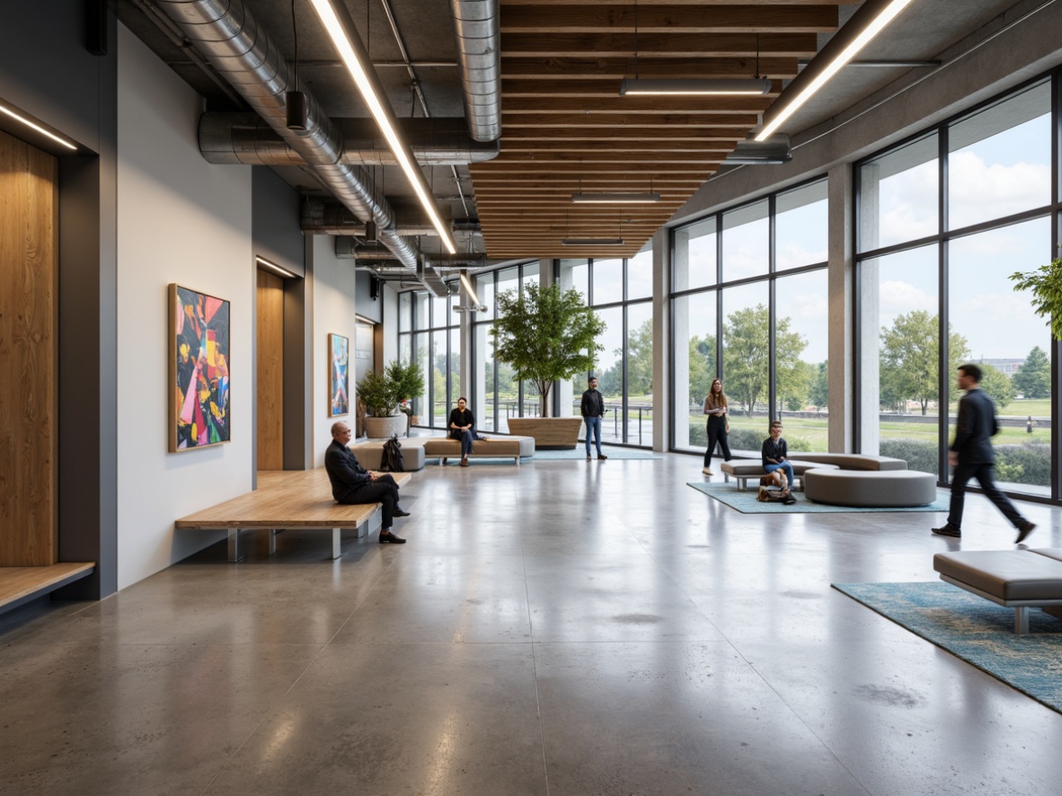 Prompt: Polished concrete floors, modern university interior, sleek lines, minimalist aesthetic, neutral color palette, industrial-chic vibe, exposed ductwork, reclaimed wood accents, metallic lighting fixtures, geometric patterns, abstract art pieces, floor-to-ceiling windows, natural light, airy atmosphere, 1/1 composition, softbox lighting, subtle textures, ambient occlusion.