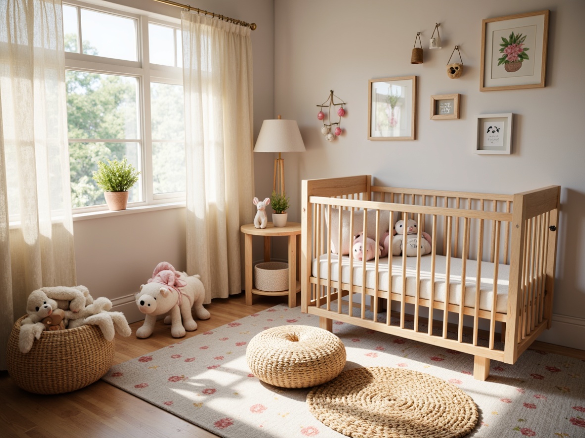 Prompt: Whimsical baby nursery, vintage wooden crib, soft pastel colors, delicate lace curtains, plush toys, woven wicker furniture, natural fiber rugs, distressed wood accents, floral patterns, creamy whites, warm beige tones, rustic metal fixtures, adorable wall art, playful mobiles, cozy reading nook, warm sunlight, shallow depth of field, 1/1 composition, soft focus, gentle color palette, realistic textures.