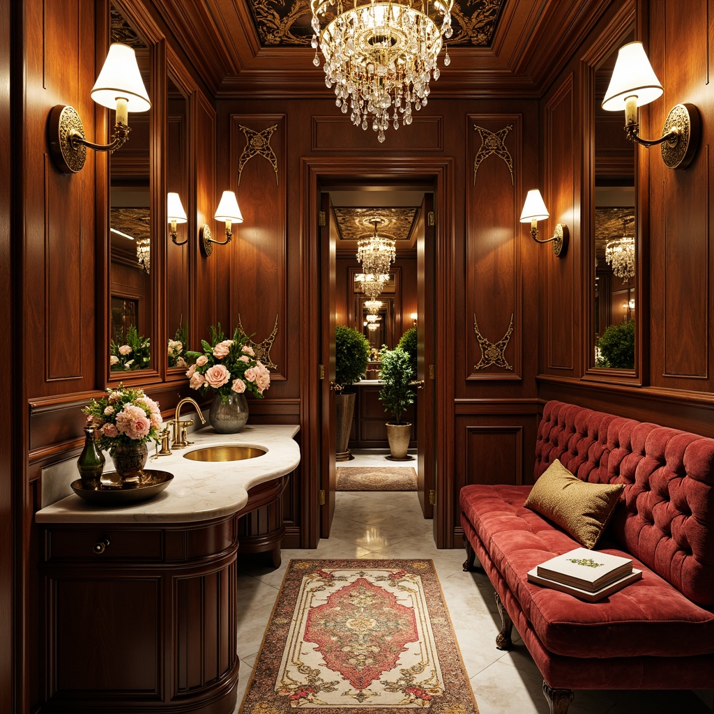 Prompt: Intricate art nouveau powder room, ornate wooden cabinetry, curved lines, flowing organic shapes, luxurious velvet upholstery, rich jewel-toned colors, gold leaf accents, delicate filigree patterns, beveled mirrors, crystal chandeliers, soft warm lighting, intimate cozy atmosphere, plush area rugs, carved wooden furniture legs, subtle floral motifs, elegant marble countertops, decorative metalwork, ornamental vases, exquisite ceramic fixtures, and lavish drapery.