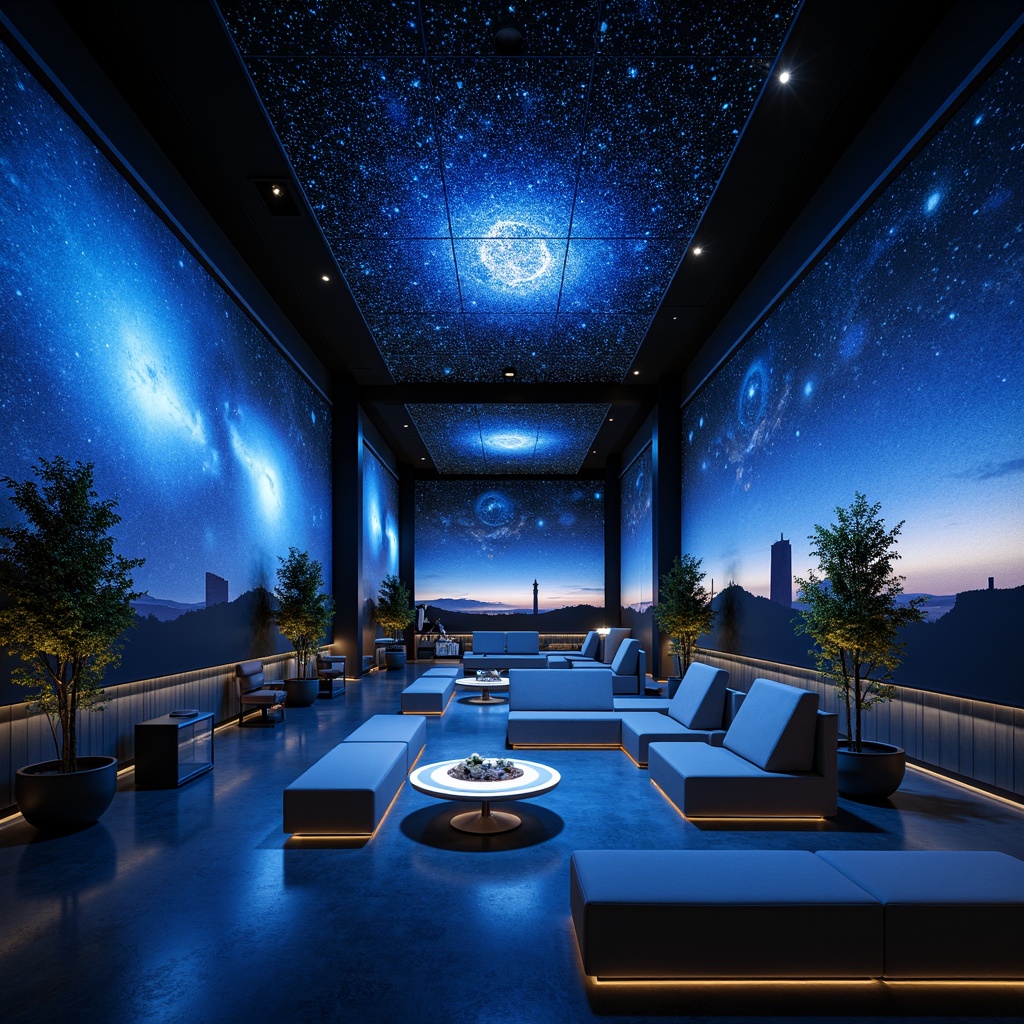 Prompt: Celestial-themed planetarium interior, sleek modern furniture, minimalist chairs, low-profile benches, circular tables, glow-in-the-dark accents, starry night sky projections, futuristic lighting fixtures, fiber-optic starfield ceilings, interactive exhibits, digital displays, 3D visualization systems, comfortable seating areas, sound-absorbing materials, dark blue and gray color scheme, ambient soft lighting, shallow depth of field, panoramic view, realistic textures, ambient occlusion.