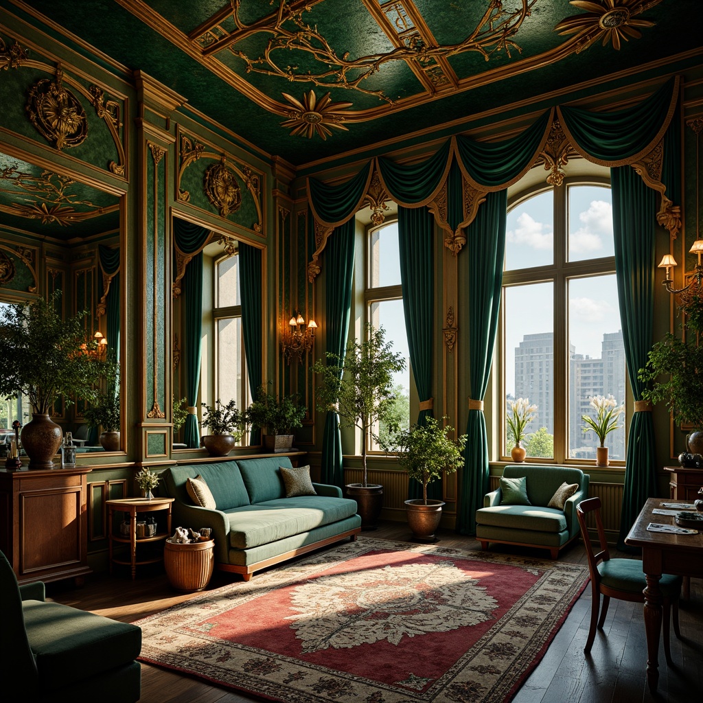 Prompt: Opulent Art Nouveau interior, rich jewel tones, emerald green walls, sapphire blue accents, amber golden lighting, ornate plasterwork, sinuous lines, flowing curves, organic motifs, botanical patterns, velvet drapes, luxurious fabrics, antique furnishings, distressed wood, ornate mirrors, soft warm glow, dramatic shadows, low-key lighting, 1/2 composition, intimate atmosphere, realistic textures, ambient occlusion.