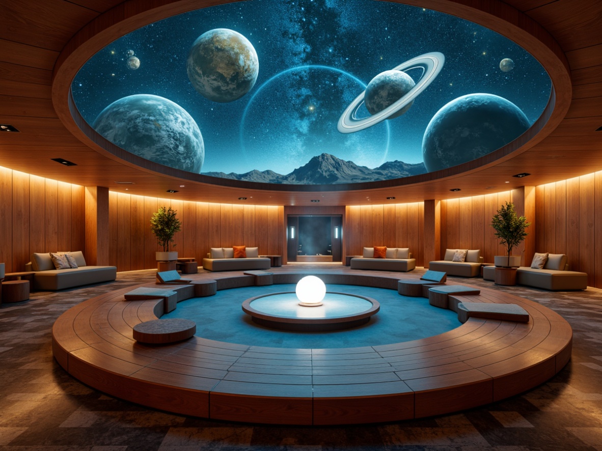 Prompt: Mid-century modern planetarium, celestial bodies projections, starry night sky, soft ambient lighting, warm glow of luminescent orbs, futuristic retro-futurism, sleek minimalist lines, polished chrome accents, rich walnut wood tones, geometric patterned flooring, circular seating areas, 3/4 composition, shallow depth of field, panoramic view, realistic textures, ambient occlusion, atmospheric fog effects, subtle color grading, cinematic mood lighting.