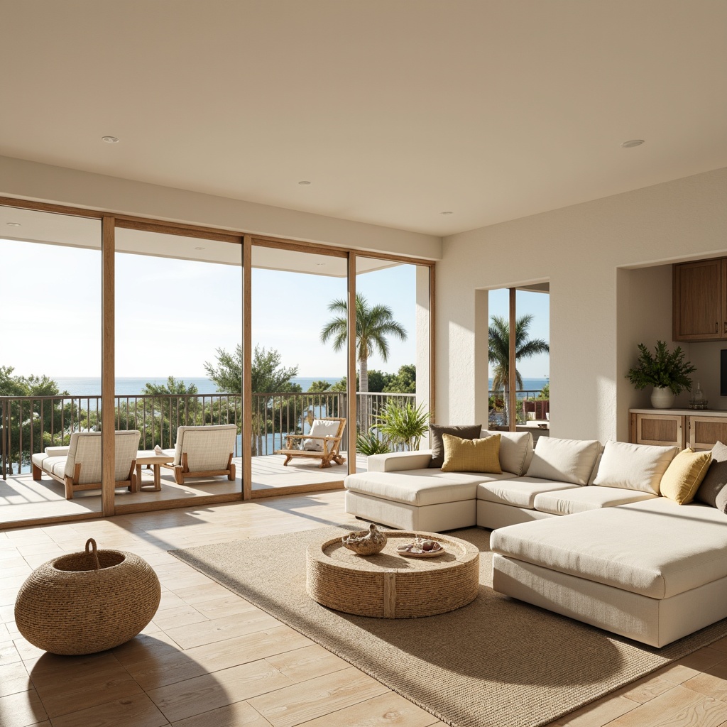 Prompt: Coastal villa, large windows, sliding glass doors, beachy chic interior, soft cream walls, light oak wood floors, minimalist decor, natural textiles, woven rattan furniture, organic shapes, sea-inspired accents, shells, driftwood, coral patterns, airy atmosphere, bright sunny day, soft warm lighting, shallow depth of field, 1/1 composition, panoramic view, realistic textures, ambient occlusion.