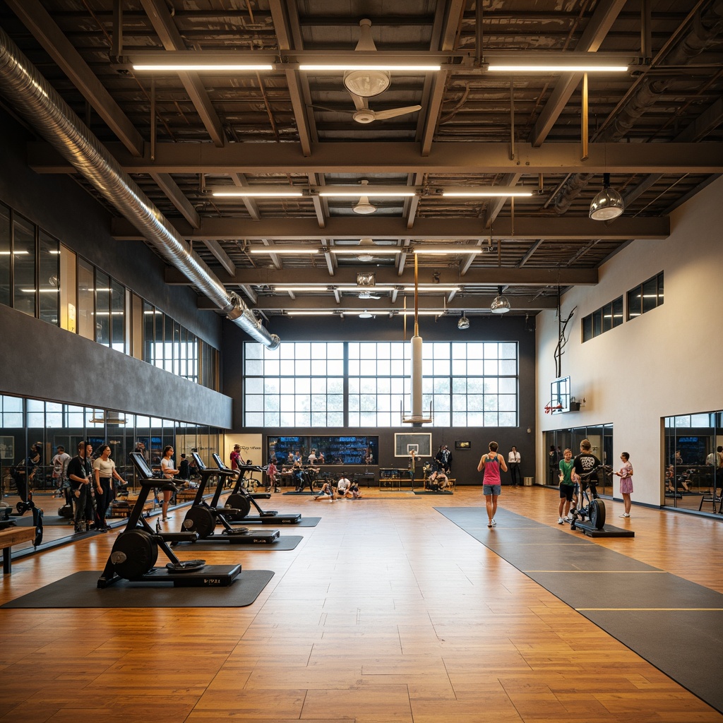 Prompt: Modern gymnasium interior, high ceilings, polished wooden floors, mirrored walls, professional sports equipment, free weights, treadmills, exercise bikes, yoga mats, athletic tracks, basketball courts, volleyball nets, spectator seating areas, sound systems, ventilation ducts, bright LED lighting, natural daylight, 3/4 composition, shallow depth of field, warm color tones, realistic textures, ambient occlusion.