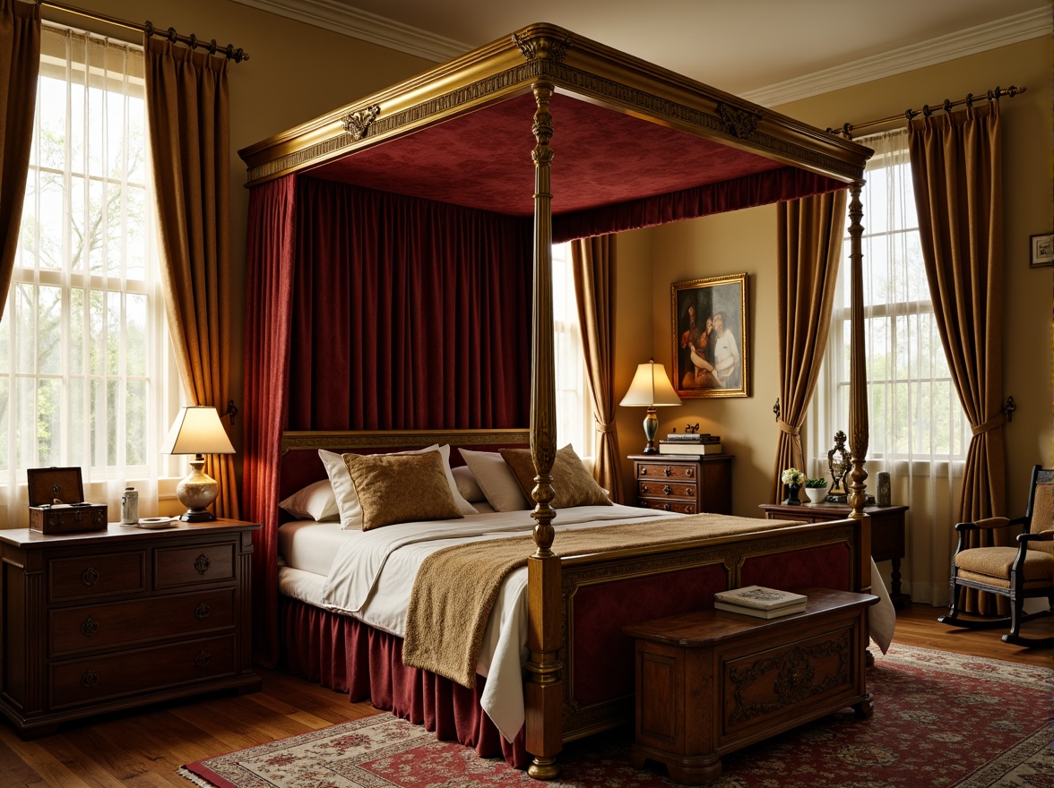 Prompt: \Richly ornate four-poster bed, velvet upholstery, golden frame, lace curtains, antique wooden desk, leather-bound books, vintage toy box, intricately carved rocking chair, plush area rug, warm beige walls, soft candlelight, 3/4 composition, cozy atmosphere, realistic textures, ambient occlusion.\