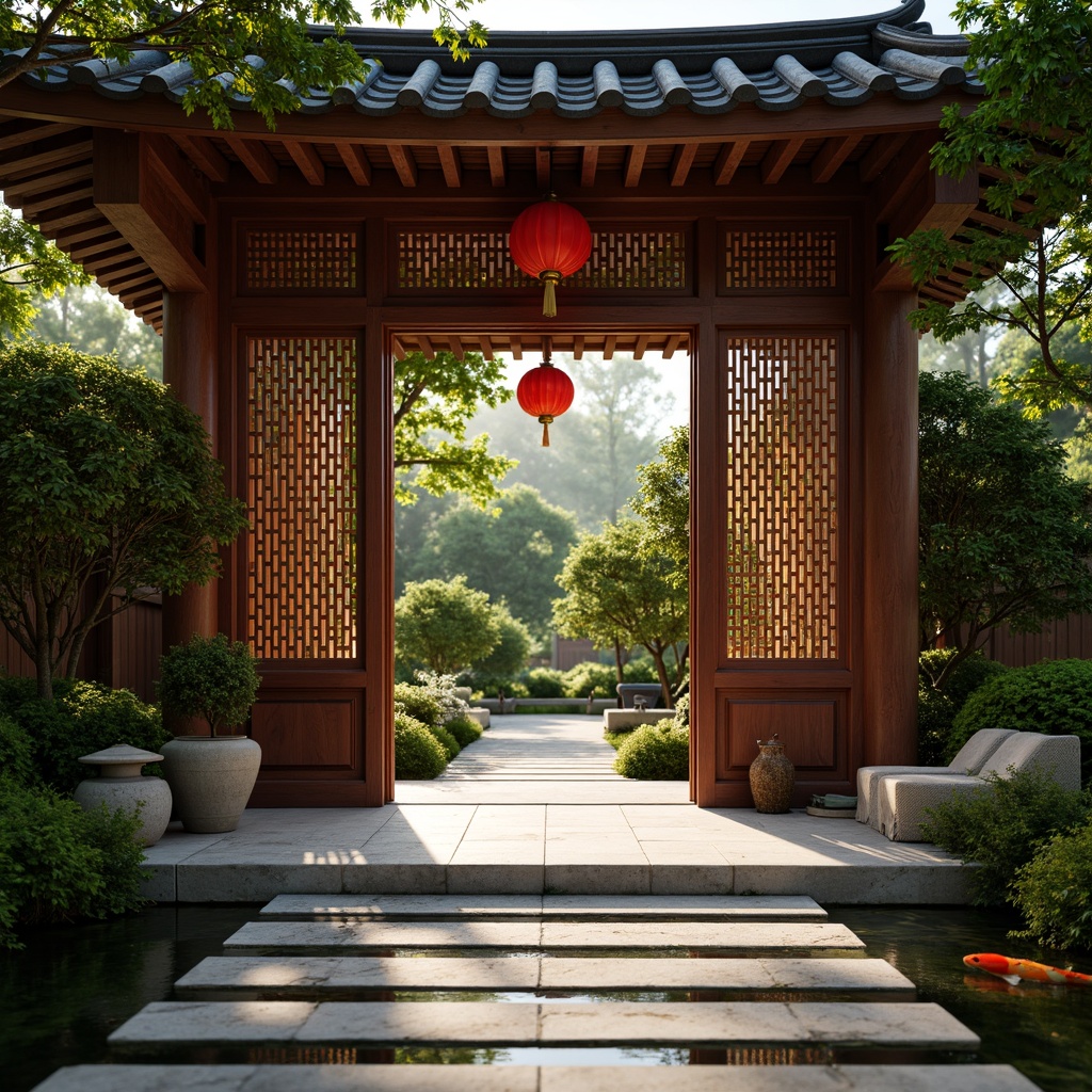 Prompt: \Traditional Asian-inspired entrance, ornate wooden doors, intricately carved lanterns, vibrant red accents, lush greenery, natural stone pathways, water features, koi ponds, serene ambiance, soft warm lighting, shallow depth of field, 3/4 composition, realistic textures, ambient occlusion, minimalist design, subtle cultural patterns, elegant curves, refined details, luxurious materials, peaceful atmosphere.\Please let me know if this meets your requirements or if I need to make any adjustments!