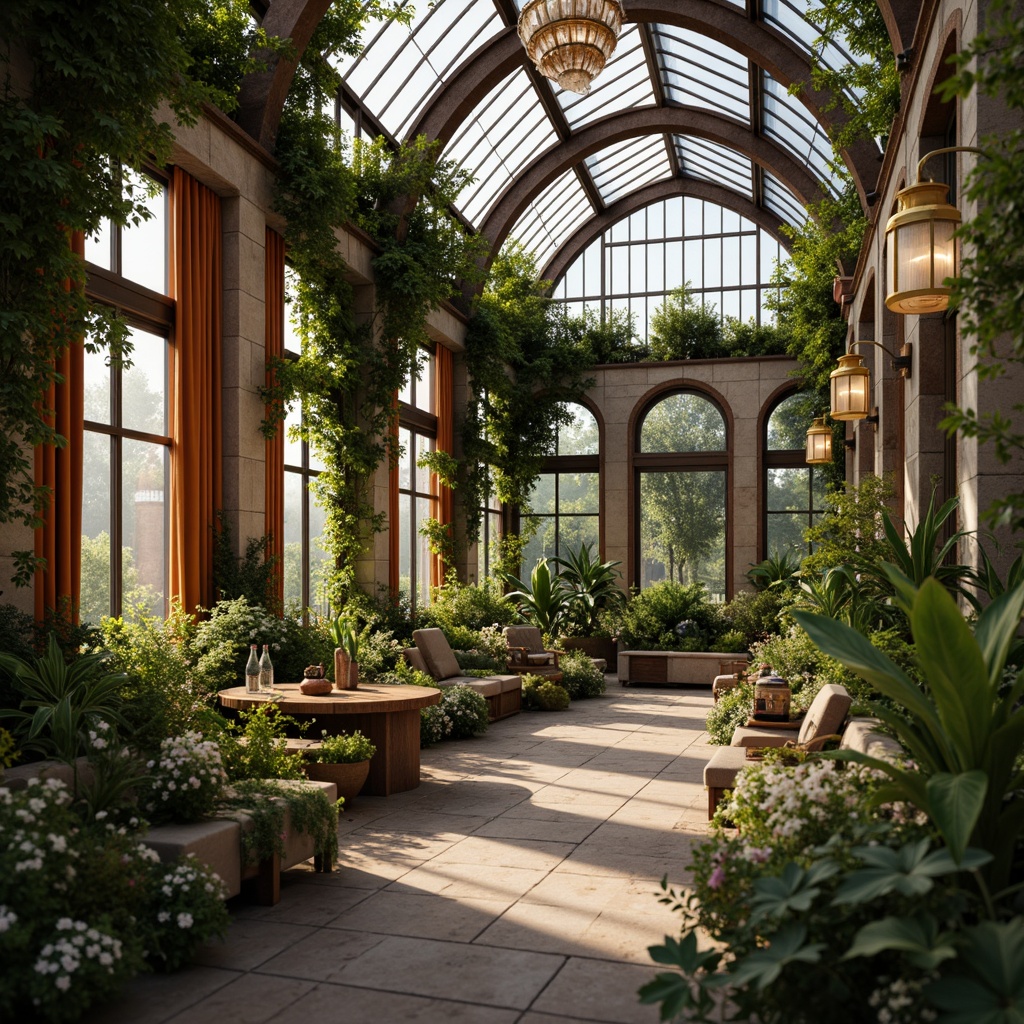 Prompt: Grandiose greenhouse interior, ornate Rococo details, lush greenery, vibrant flowers, delicate vines, soft warm lighting, natural ambient illumination, LED grow lights, hanging lanterns, crystal chandeliers, rustic wooden beams, distressed stone walls, velvet drapes, golden accents, luxurious furnishings, exotic plants, misting system, shallow depth of field, 1/1 composition, realistic textures, subtle shadows.