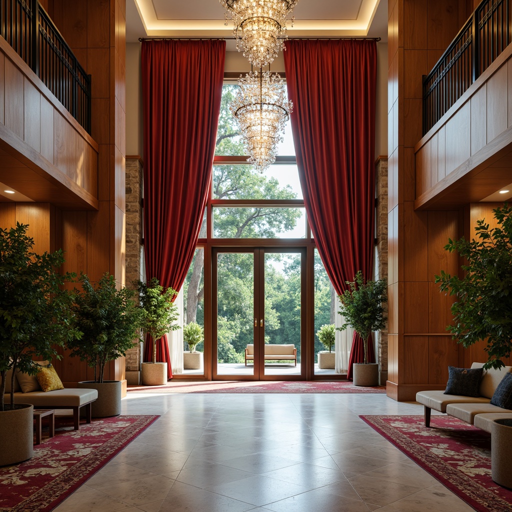 Prompt: Grand entrance, luxurious velvet curtains, polished marble floors, ornate metal railings, crystal chandeliers, soft warm lighting, shallow depth of field, 3/4 composition, rich wood paneling, natural stone walls, metallic accents, sleek glass doors, bold patterned rugs, vibrant greenery, rustic wooden benches, modern minimalist decor, ambient occlusion.