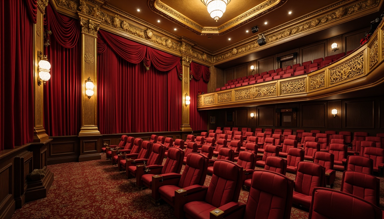 Prompt: Opulent cinema interior, rich velvet curtains, golden ornate details, plush red seats, intricately carved wooden armrests, luxurious tufted upholstery, grandiose chandeliers, majestic high ceilings, Baroque-inspired architectural elements, lavish drapery, warm soft lighting, dramatic spotlighting, 1/2 composition, shallow depth of field, cinematic atmosphere, nostalgic ambiance, Victorian-era inspired patterns, intricate moldings, ornate metalwork.