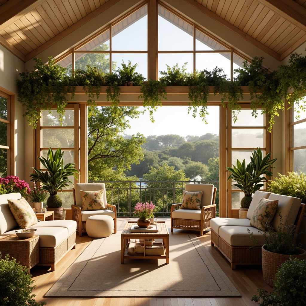 Prompt: Vibrant sunroom, warm natural light, lush greenery, blooming flowers, wooden furniture, rattan decor, earthy tone walls, creamy white trim, soft beige flooring, calming ambiance, refreshing atmosphere, panoramic views, sliding glass doors, comfortable seating areas, plush throw pillows, nature-inspired accents, botanical prints, warm golden lighting, shallow depth of field, 1/1 composition, realistic textures.