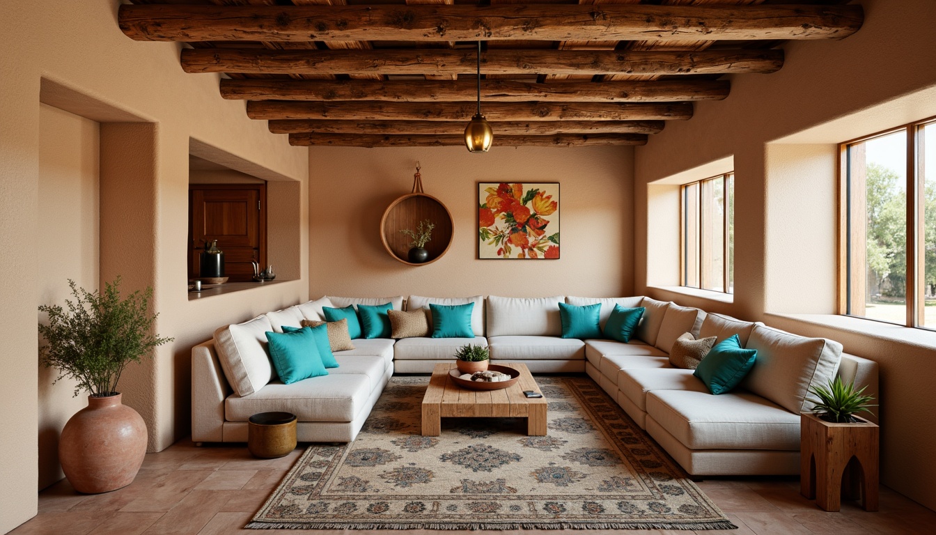 Prompt: Earth-toned adobe walls, rustic wooden beams, plush sectional sofas, vibrant turquoise accents, woven Native American patterns, natural fiber rugs, reclaimed wood coffee tables, desert-inspired botanical prints, warm bronze lighting fixtures, chunky ceramic vases, earthy terracotta pottery, Southwestern geometric motifs, comfortable linen upholstery, sun-kissed window views, soft warm illumination, shallow depth of field, 1/1 composition, realistic textures, ambient occlusion.