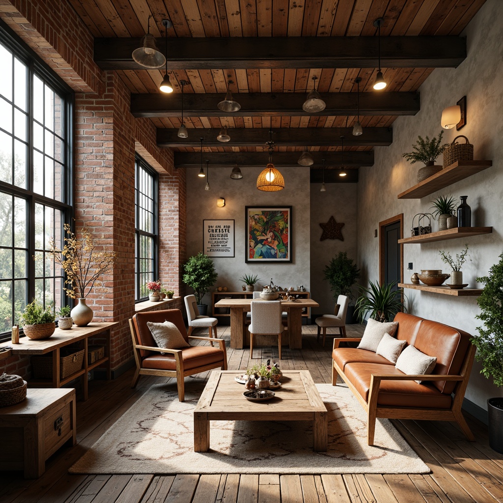 Prompt: Rustic farmhouse interior, reclaimed wood accents, exposed metal beams, industrial chic decor, vintage metal signs, galvanized steel lighting fixtures, distressed wooden floors, brick walls, earthy color palette, natural textiles, woven baskets, metal-edged coffee tables, antique metalware, aged leather armchairs, warm pendant lights, soft shadows, 1/2 composition, cozy atmosphere, realistic reflections.