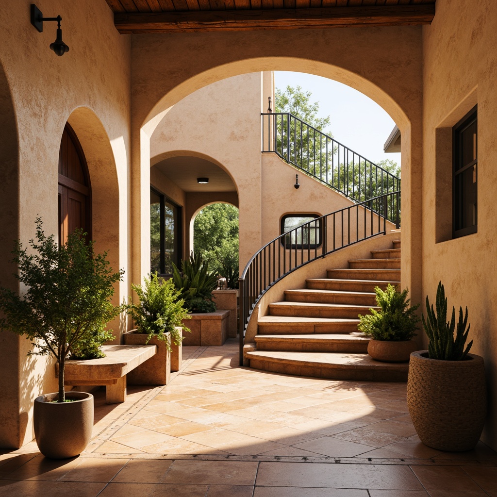 Prompt: Curved staircase, ornate metal railings, warm beige stone walls, earthy terracotta flooring, rustic wooden accents, soft natural lighting, open-plan layout, Mediterranean-inspired arches, decorative ceramic tiles, lush greenery, potted plants, warm sunny day, shallow depth of field, 3/4 composition, realistic textures, ambient occlusion.