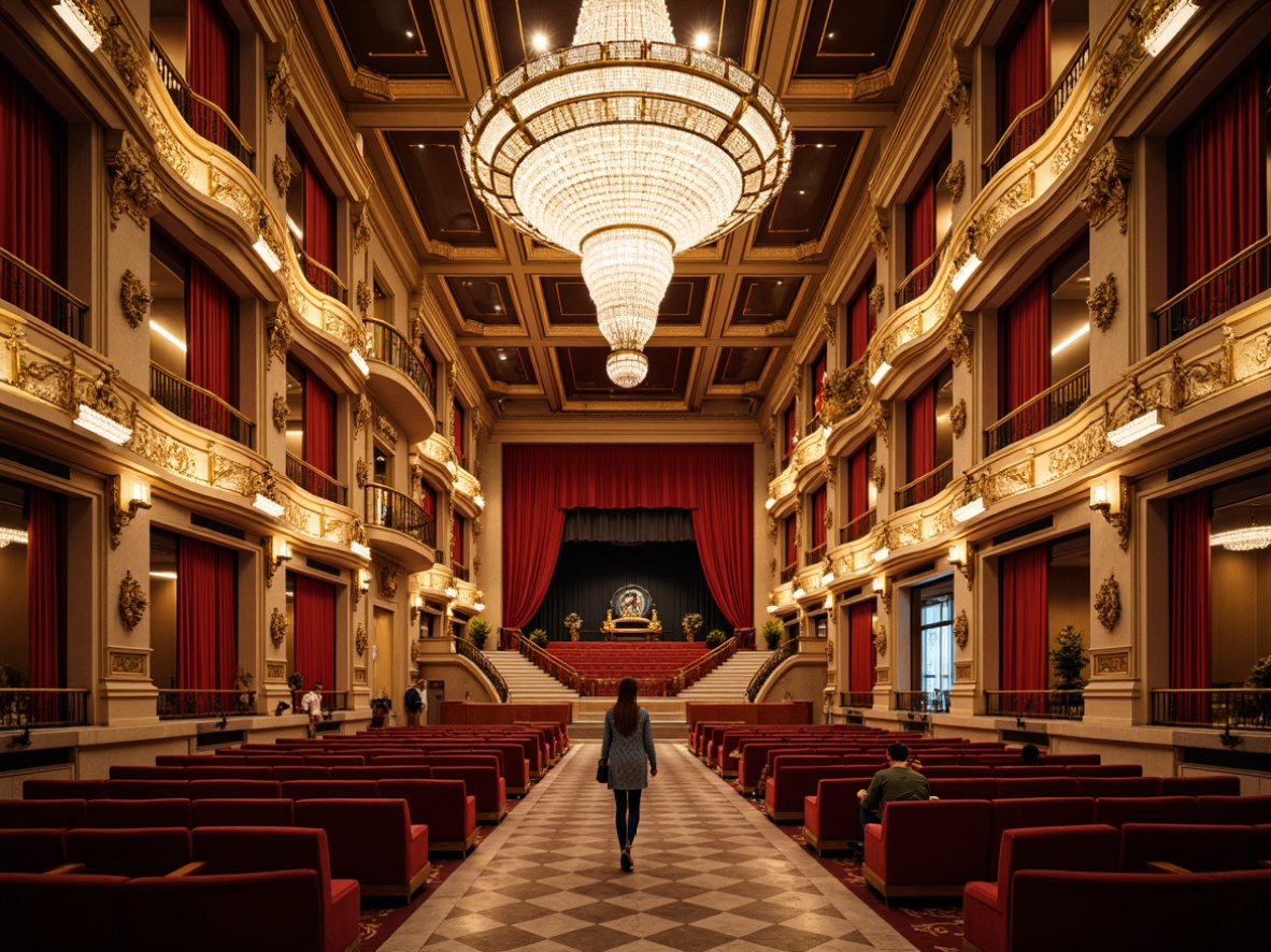 Prompt: Grandiose opera house, ornate architectural details, crystal chandeliers, rich velvet curtains, golden accents, marble floors, sweeping staircases, majestic high ceilings, dramatic spotlights, warm softbox lighting, subtle sidelighting, nuanced color temperatures, 1/2 composition, symmetrical framing, elegant reflections, opulent textures, sophisticated ambiance.