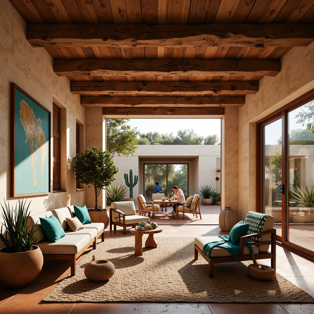 Prompt: Earthy southwestern interior, natural stone walls, wooden beam ceilings, warm terracotta floors, vibrant turquoise accents, plush woven textiles, rustic wooden furniture, desert-inspired patterns, cactus-shaped decorations, large windows, sliding glass doors, abundant natural light, soft warm glow, shallow depth of field, 3/4 composition, panoramic view, realistic textures, ambient occlusion.