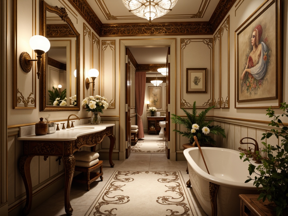 Prompt: Luxurious powder room, ornate Art Nouveau style, intricate curved lines, flowing organic patterns, delicate botanical motifs, soft warm lighting, rich velvet fabrics, antique furniture pieces, marble countertops, ornate mirrors, gilded frames, lavish chandeliers, subtle pastel hues, elegant wall sconces, refined metalwork details, sumptuous drapery, opulent accessories, intimate cozy atmosphere, shallow depth of field, 1/1 composition, warm color palette, realistic textures.