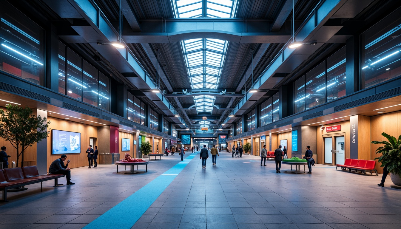 Prompt: Modern train station interior, sleek metal beams, polished concrete floors, futuristic LED lighting fixtures, suspended ceiling installations, dynamic color-changing ambiance, high-contrast luminescent strips, subtle gradient effects, energy-efficient solutions, minimalist design, functional aesthetics, comfortable waiting areas, vibrant colored benches, urban-inspired textures, geometric patterns, futuristic signage systems, intuitive wayfinding elements, soft warm glow, shallow depth of field, 1/2 composition, realistic reflections.