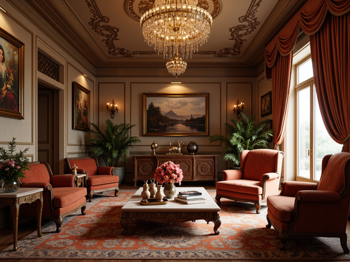 Prompt: Luxurious living room, ornate furniture, velvet upholstery, golden accents, crystal chandeliers, marble coffee tables, plush area rugs, vibrant artwork, decorative vases, lavish curtains, soft warm lighting, cozy atmosphere, 1/1 composition, intimate scale, realistic textures, ambient occlusion.