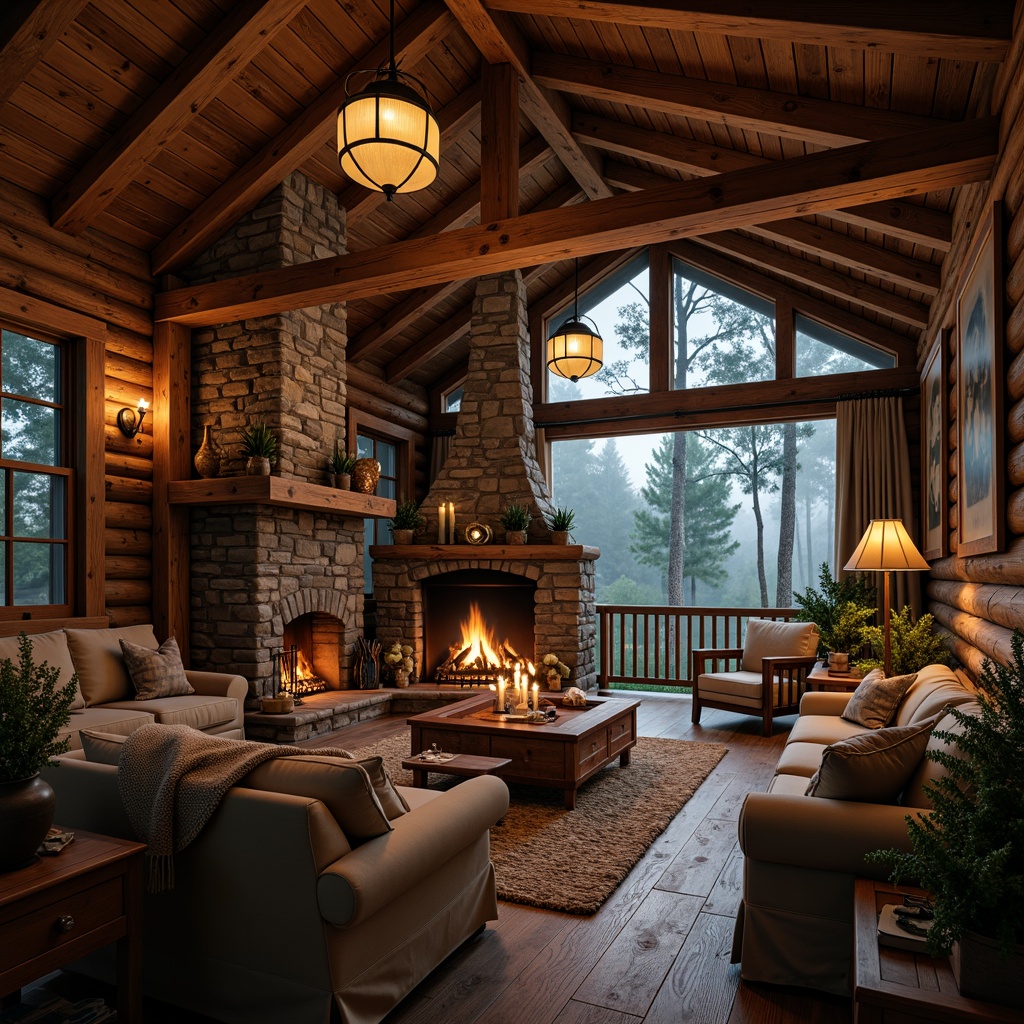 Prompt: Rustic cabin, wooden beams, stone fireplace, vintage lanterns, metal chandeliers, pendant lights, candles, dim warm lighting, cozy atmosphere, natural materials, earthy tones, distressed wood, exposed brick walls, comfortable seating, plush throw blankets, soft rugs, forest surroundings, misty morning, golden hour, shallow depth of field, 1/2 composition, warm color palette.