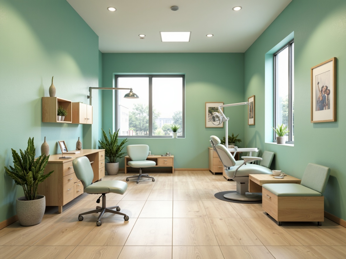 Prompt: Calming dental clinic, soft mint green walls, warm beige floors, gentle blue accents, natural wood furniture, modern minimalist decor, sterile stainless steel equipment, comfortable patient chairs, calming nature-inspired artwork, softbox lighting, shallow depth of field, 3/4 composition, panoramic view, realistic textures, ambient occlusion.