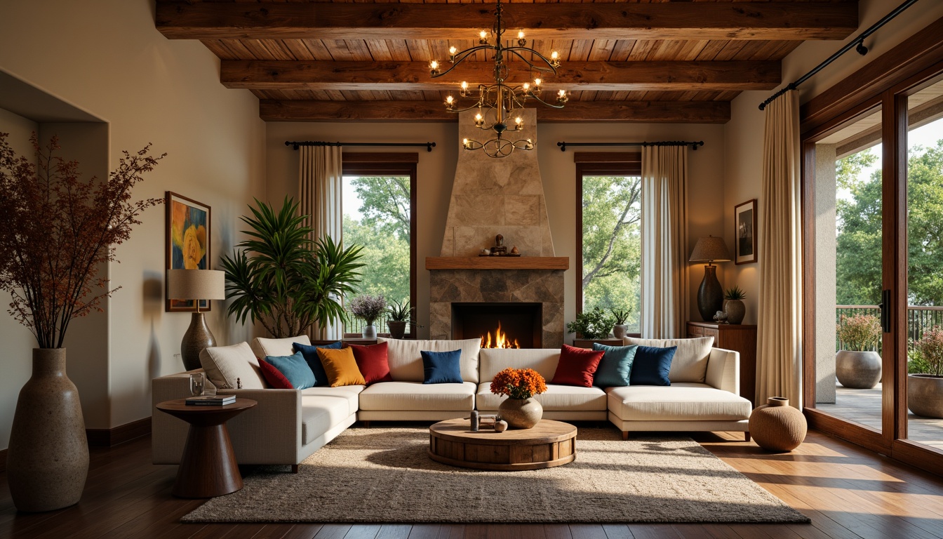 Prompt: \Cozy living room, warm beige walls, rich walnut wood furniture, soft velvet upholstery, golden lighting fixtures, plush area rug, calming blue accents, natural stone fireplace, earthy terracotta pots, lush greenery, ambient warm glow, shallow depth of field, 1/1 composition, realistic textures, vibrant color harmony.\