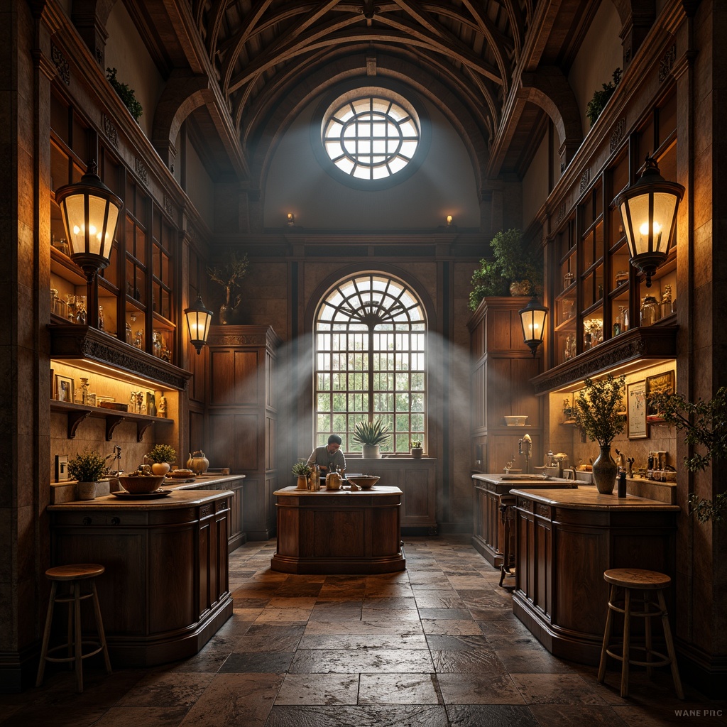 Prompt: Dramatic kitchen, ornate gothic arches, rich wood tones, luxurious stone countertops, intricate carvings, grand chandeliers, warm golden lighting, soft candlelight, ambient shadows, mysterious atmosphere, dark cabinets, ornate metal fixtures, heavy drapery, rustic wooden beams, mystical ambiance, subtle misty effects, low-key backlighting, 1/1 composition, cinematic view, detailed textures, realistic reflections.