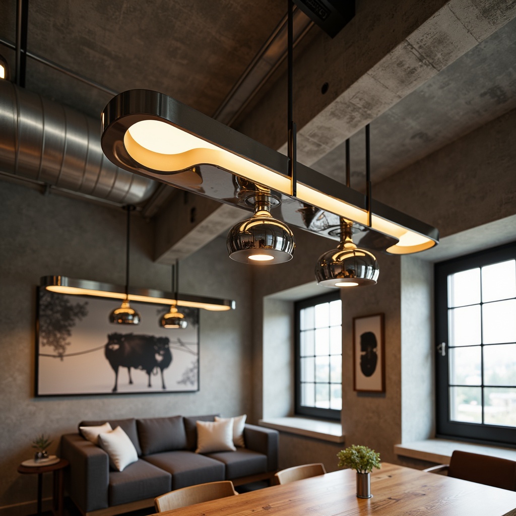 Prompt: Sleek modern chandelier, minimalist pendant lights, polished chrome fixtures, ambient warm glow, dimmable LED bulbs, geometric metal shades, industrial-chic exposed ductwork, concrete ceilings, urban loft atmosphere, reclaimed wood accents, natural stone walls, floor-to-ceiling windows, neutral color palette, Scandinavian-inspired design, cozy reading nook, 1/2 composition, softbox lighting, subtle shadows, realistic reflections.