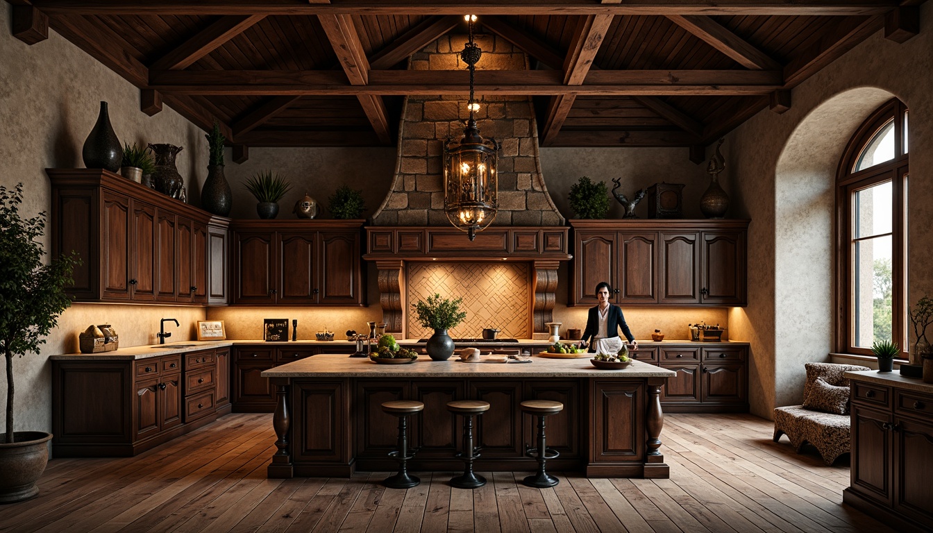 Prompt: Dark wood cabinetry, ornate carvings, pointed arches, grandiose kitchen island, mystical ambiance, rich textures, bold color schemes, medieval-inspired hardware, intricate stone backsplash, vaulted ceiling, dramatic lighting, warm golden tones, rustic wooden floors, ancient-inspired artifacts, mysterious atmosphere, 1/1 composition, low-key lighting, subtle shadows, realistic wood grain.