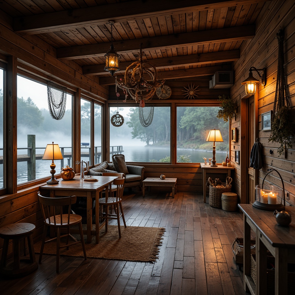 Prompt: Rustic boathouse interior, warm cozy ambiance, wooden accents, distressed textures, nautical elements, vintage fishing nets, lantern-style lighting, soft warm glow, candlelight flicker, dimmable table lamps, floor-to-ceiling windows, natural lake views, serene water reflections, misty morning atmosphere, shallow depth of field, 1/1 composition, realistic wood grain, ambient occlusion.