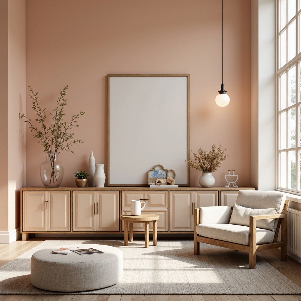 Prompt: Soft peach walls, creamy white accents, rich walnut wood tones, warm beige furniture, pastel blue decorative elements, natural linen textures, subtle gold metallic details, elegant serif typography, gentle morning light, shallow depth of field, 2/3 composition, atmospheric perspective, realistic materials, ambient occlusion.