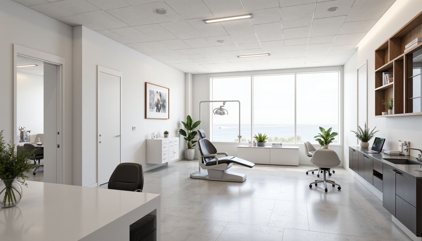 Prompt: Minimalist dental clinic interior, pure white walls, polished chrome accents, matte black furniture, sleek glass countertops, calm atmosphere, soft natural light, subtle wood textures, minimalist decor, monochromatic color scheme, clean lines, Scandinavian-inspired design, modern dentist chairs, stainless steel equipment, LED lighting, indirect illumination, 1/1 composition, shallow depth of field, realistic reflections.