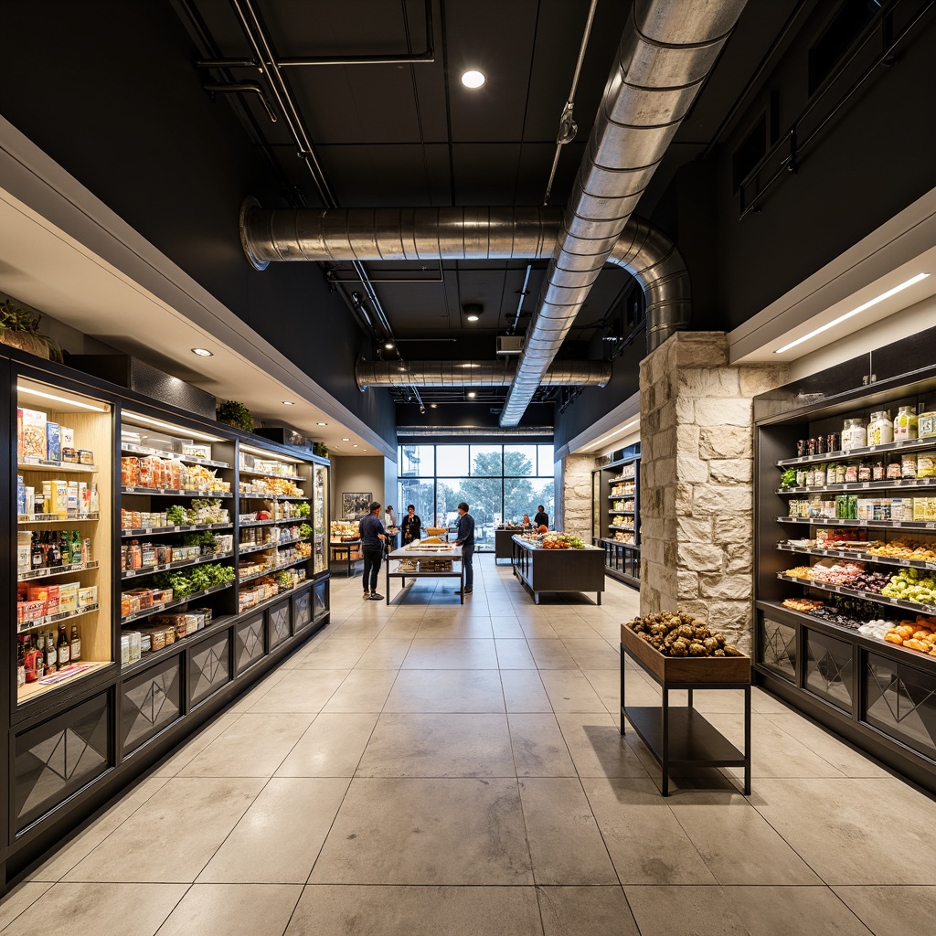 Prompt: Sleek modern grocery store interior, polished concrete floors, industrial-chic exposed ductwork, minimalist shelving units, metallic accents, geometric patterned tiles, neutral color palette, ambient LED lighting, shallow depth of field, 1/1 composition, realistic textures, subtle reflections, clean lines, curved corners, natural stone walls, reclaimed wood accents, urban loft-inspired atmosphere, morning softbox lighting, subtle gradient effects.