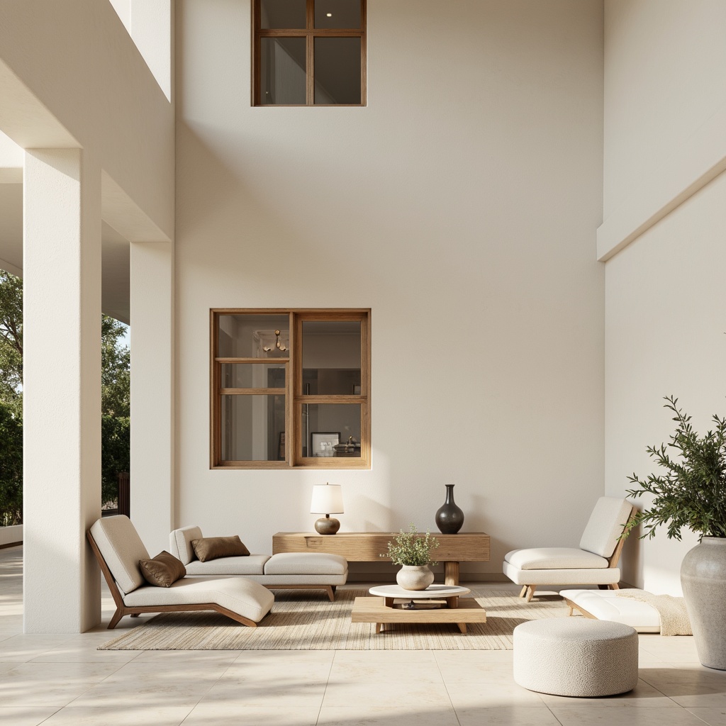 Prompt: Monochromatic interior, soft creamy whites, warm beige tones, subtle gray hues, natural wood accents, minimal ornamentation, sleek modern furniture, geometric shapes, industrial metallic touches, matte finishes, ambient soft lighting, 1/1 composition, shallow depth of field, realistic textures, calm atmosphere, serene ambiance.