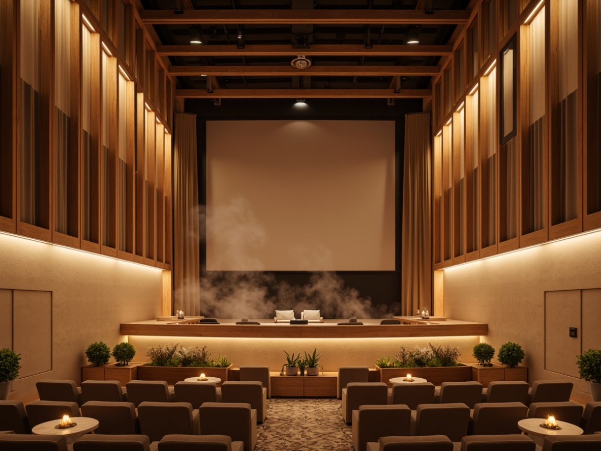 Prompt: Minimalist theater interior, Nordic wooden accents, soft warm glow, warm beige tones, subtle color palette, dramatic spotlighting, LED strip lighting, ambient floor lamps, cozy atmosphere, intimate seating areas, plush velvet curtains, natural textiles, organic shapes, rustic wooden beams, industrial metal fixtures, subtle reflections, misty fog effects, cinematic ambiance, 180-degree panoramic view, shallow depth of field, realistic renderings.