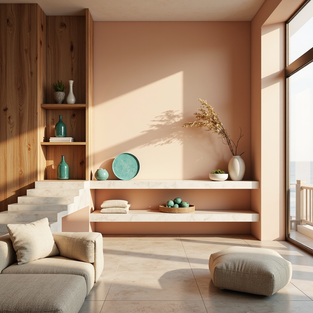 Prompt: Soft peach walls, warm beige accents, rich walnut furniture, calming turquoise decorative pieces, creamy white marble countertops, natural linen upholstery, subtle golden lighting, gentle ombre effect, harmonious color balance, soothing atmosphere, elegant simplicity, modern minimalist design, large windows, abundant natural light, soft shadows, 1/1 composition, realistic textures, ambient occlusion.