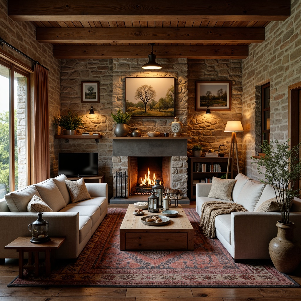 Prompt: Cozy family room, rustic wooden furniture, distressed textures, vintage decorations, warm earthy tones, natural stone walls, exposed brick fireplace, plush throw blankets, comfortable couches, woven baskets, antique metal lanterns, rich wood grain patterns, soft warm lighting, shallow depth of field, 3/4 composition, realistic textures, ambient occlusion.