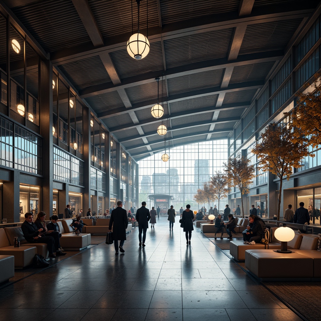 Prompt: Modern train station interior, sleek metallic beams, polished marble floors, futuristic LED lighting fixtures, suspended ceiling lamps, geometric-shaped pendant lights, ambient indirect illumination, warm cozy atmosphere, bustling passenger traffic, dynamic urban vibe, contemporary furniture designs, curved lines, minimalist aesthetic, high-contrast color scheme, dramatic shadows, soft focus, 1/1 composition, realistic reflections, atmospheric fog effect.