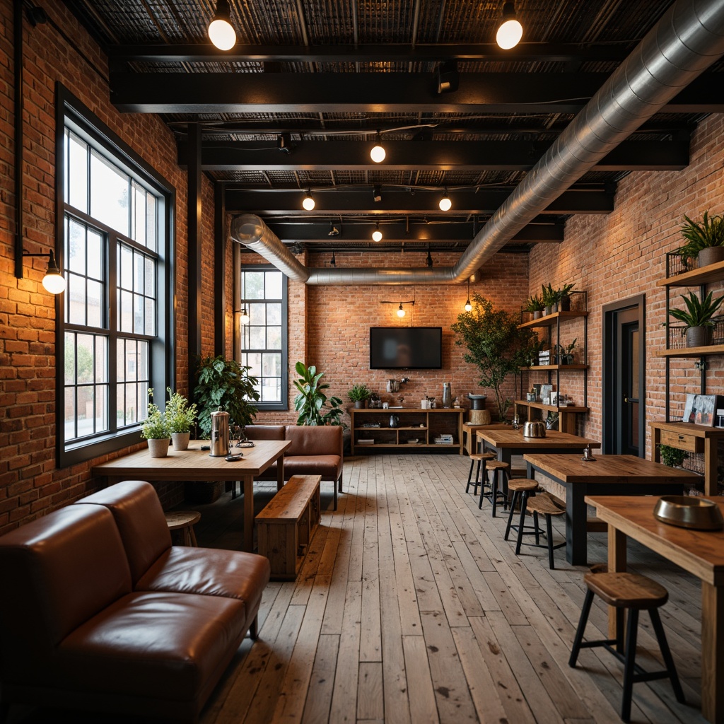 Prompt: Exposed brick walls, industrial metal beams, reclaimed wood floors, vintage factory lights, distressed leather sofas, antique scientific instruments, rustic wooden crates, metal mesh shelves, Edison bulb pendants, minimalist decor, neutral color palette, natural textiles, urban loft atmosphere, academic props, eclectic artwork, worn wooden desks, metal stools, industrial-style lighting fixtures, warm cozy ambiance, shallow depth of field, 2/3 composition, realistic textures.